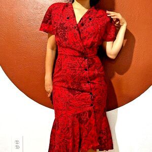 vtg 80s wrap shirt dress asymmetric ruffle rose print fitted‎ button Medium